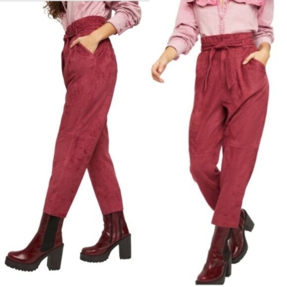 $128 Free People Nightfall Paper Bag Pants Trousers Queen Pomegranate - Picture 8 of 12
